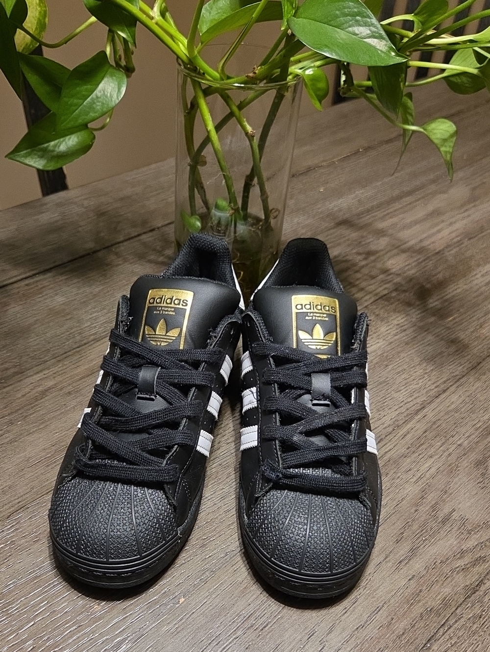adidas Black with White Stripes Kids Classic Sneakers with Gold Logo